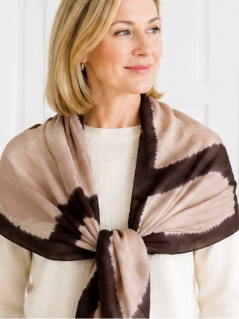 Eileen Fisher Two-Tone Pink Tan and Dark Brown Silk Scarf Made in Japan